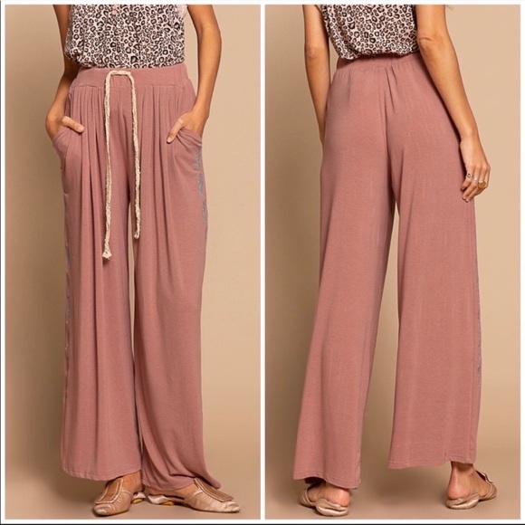 POL dusty rose floral leaf embroidered boho wide leg pants new soft lounge - Picture 5 of 7